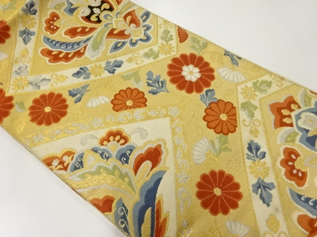 JAPANESE KIMONO / ANTIQUE FUKURO OBI / SILK / WOVEN RHOMBUS & FLORAL ARABESQUE